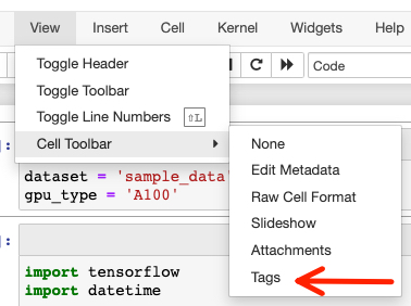 The menu item for displaying tags for Jupyter cells